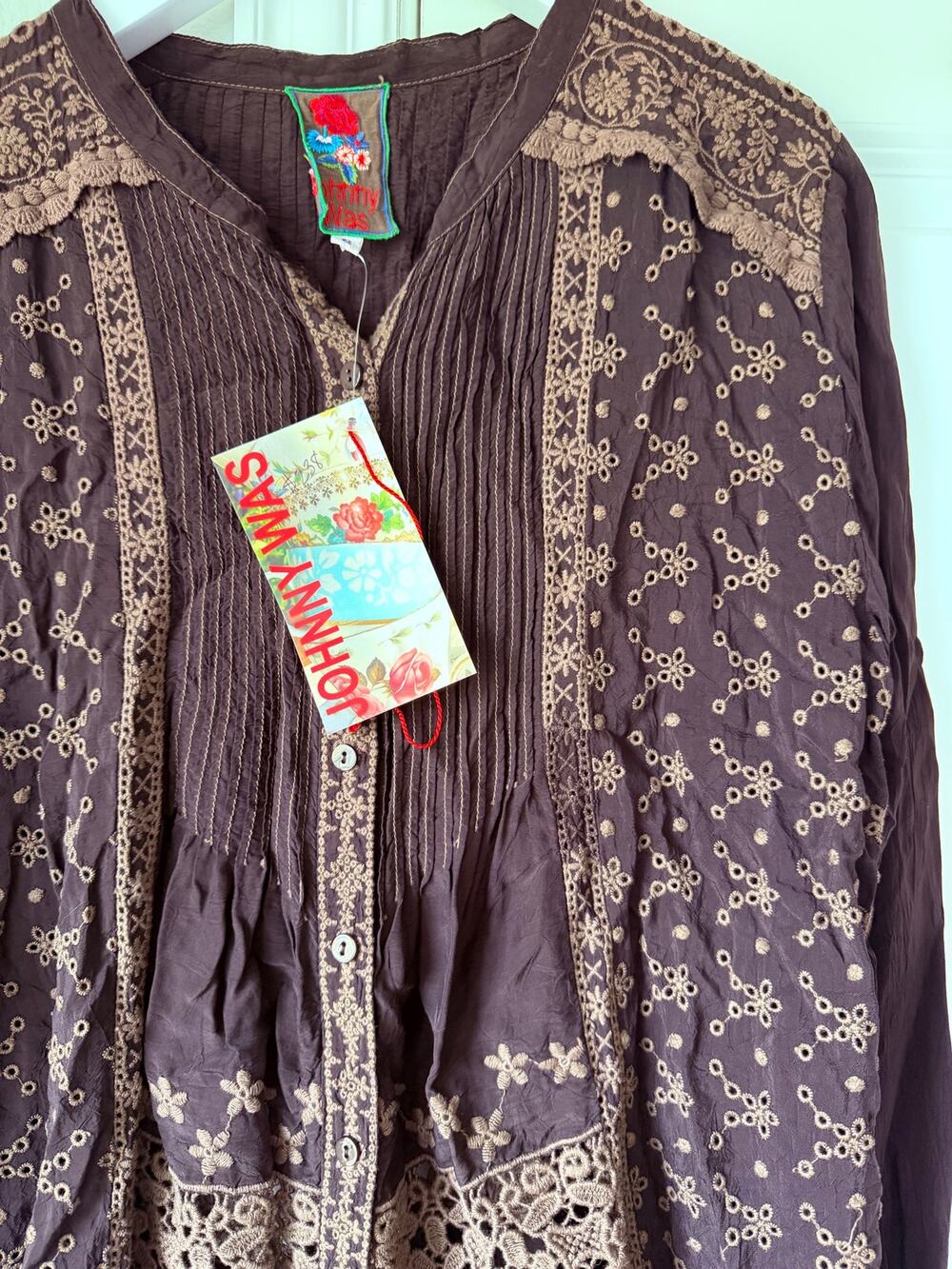 NWT Johnny Was Women's Small Brown Embroidered Brown Eyelet Tunic - Retail $238
